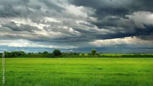 Gorgeous cloudy day landscape with rolling hills, vast meadows, serene lakes, and distant mountains. The sky is filled with various shades of gray clouds, creating a moody and captivating atmosphere