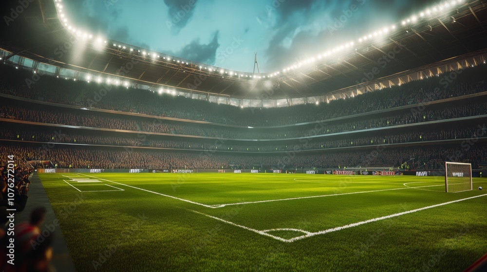 A football game in an AI-powered stadium, with virtual fans and a dynamic match scene, creating a high-energy experience A football game in an AI-powered stadium, with virtual fans and a dynamic match scene, creating a high-energy experience