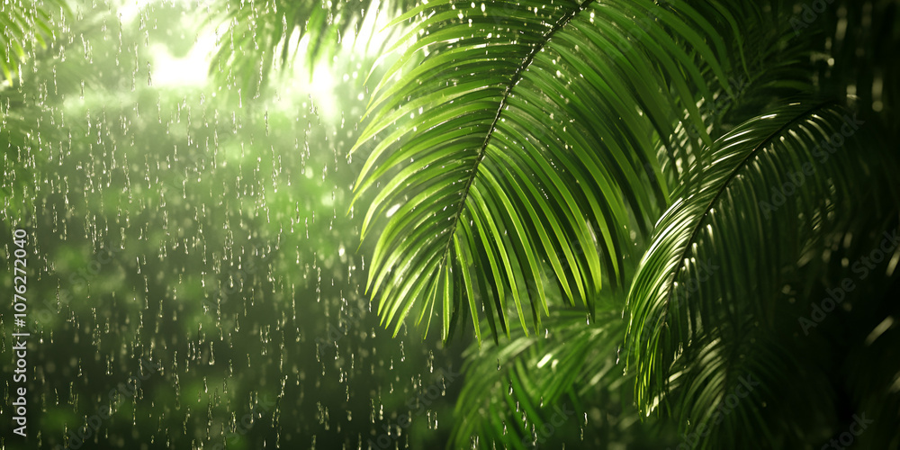 Tropical Jungle Foliage in Rain with Sunlight Tropical Jungle Foliage in Rain with Sunlight