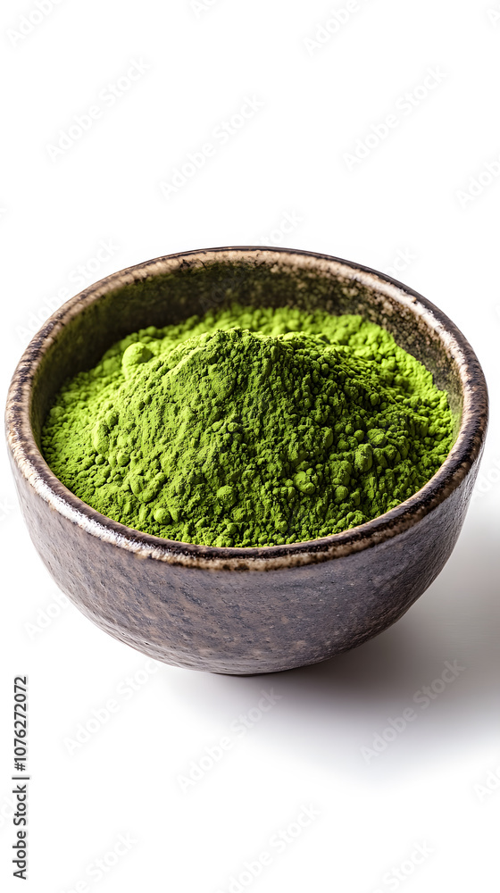 High quality traditional ceramic bowl with vibrant green matcha tea powder on white background High quality traditional ceramic bowl with vibrant green matcha tea powder on white background