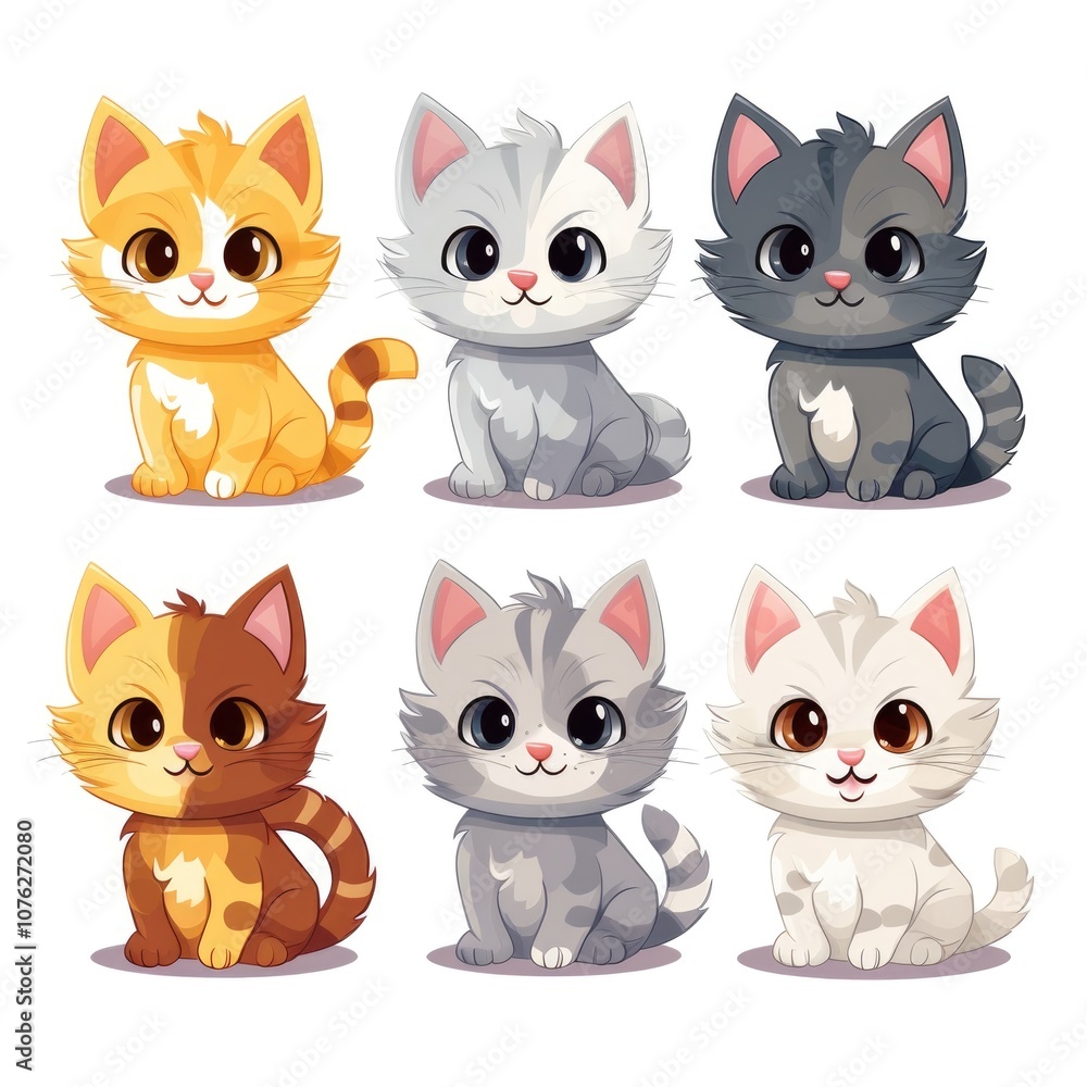 Cute cartoon cats with various fur patterns in adorable poses Cute cartoon cats with various fur patterns in adorable poses