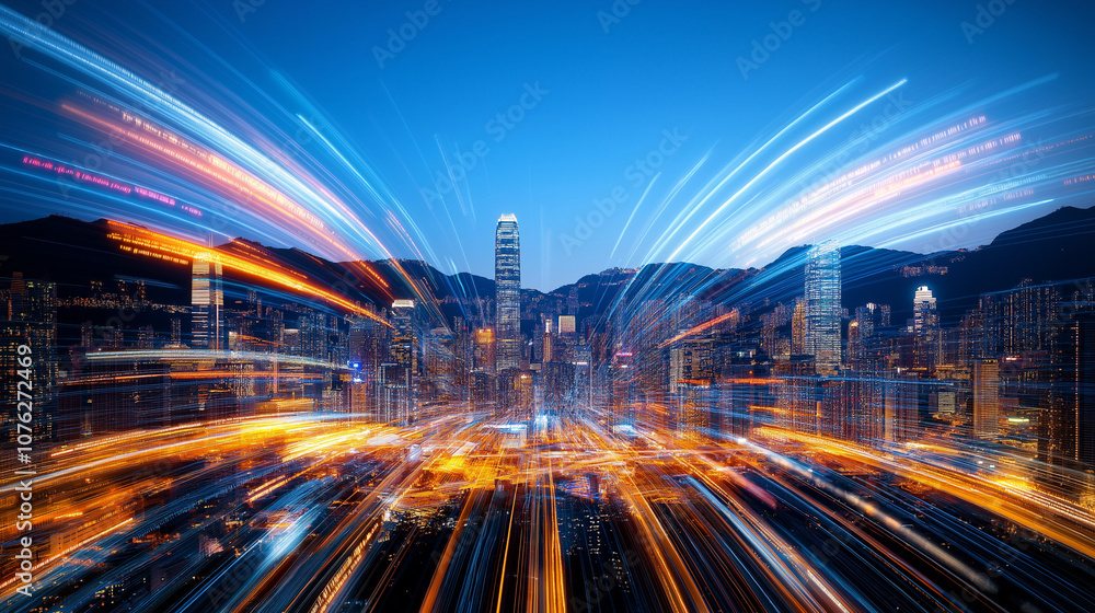 Obraz premium Cityscape in Motion: A vibrant metropolis bursts with energy and dynamism, captured in a captivating long-exposure shot. Streaks of light dance across the cityscape.