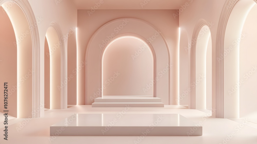 Fototapeta premium 53. A 3D space with soft gradients and light reflections, offering a central empty area for a product display.