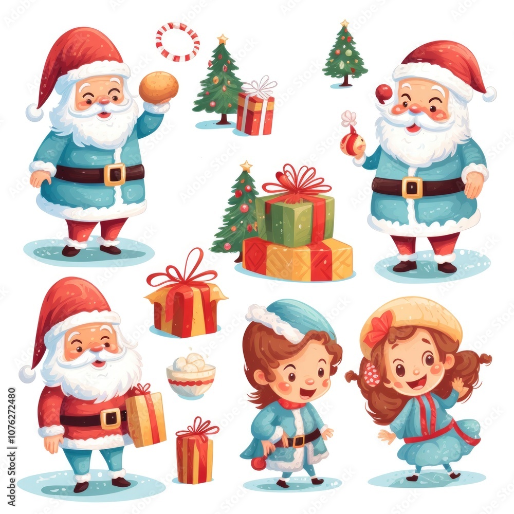 Whimsical christmas characters and festive gifts with santa and reindeer Whimsical christmas characters and festive gifts with santa and reindeer