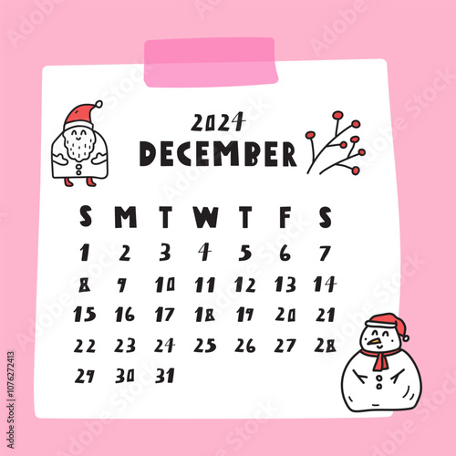Paper note on pink background with calendar. December 2024. Graphic design. Illustration.