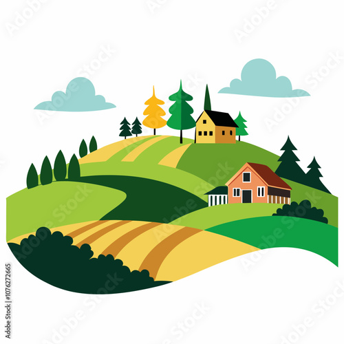 Hilly countryside silhouette vector illustration on white background