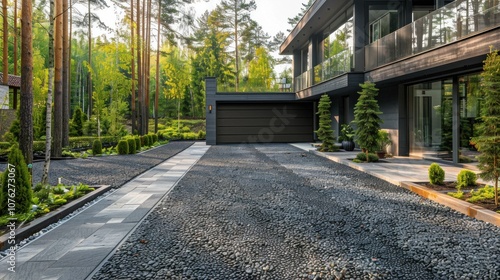 modern house exterior, driveway, greenery, contemporary architecture, landscaped garden, forested background, stylish design, luxury living, peaceful environment, home facade, contemporary driveway,