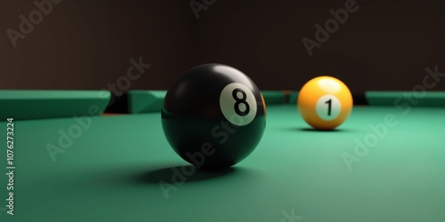 A close-up of an 8-ball and a 1-ball on a billiards table, showcasing the classic elements of cue sports in a sleek, moody atmosphere.