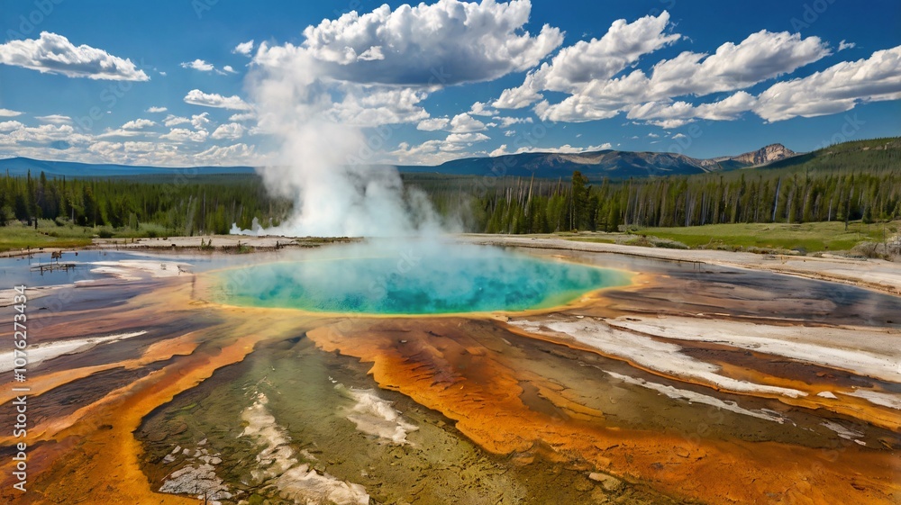 Vibrant Geothermal spring, turquoise water, steam, mineral mats, Yellowstone V1 Vibrant Geothermal spring, turquoise water, steam, mineral mats, Yellowstone V1