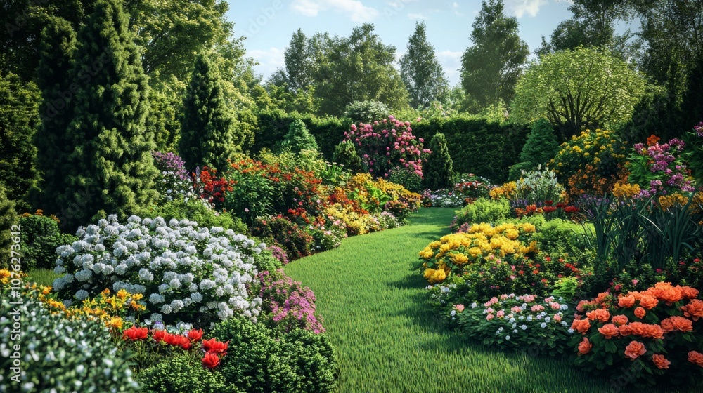 Obraz premium A Lush, Colorful Garden with Blooming Flowers and Green Trees