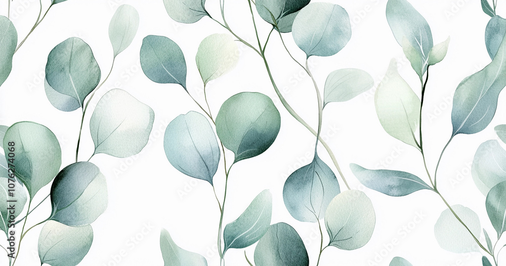 Watercolor pattern of delicate eucalyptus leaves on a white background. Soft, muted shades of green and blue evoke a calm, natural feel, ideal for botanical and nature-themed designs, Generative AI Watercolor pattern of delicate eucalyptus leaves on a white background. Soft, muted shades of green and blue evoke a calm, natural feel, ideal for botanical and nature-themed designs, Generative AI