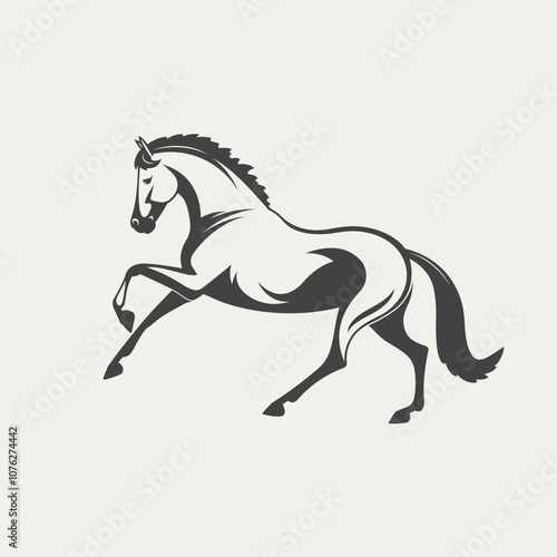 Stylized illustration of a prancing horse in black and white, featuring clean lines and a minimalist design