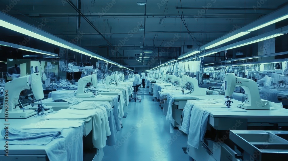 A clothing production line, with fabric and sewing machines busy with activity. A clothing production line, with fabric and sewing machines busy with activity.