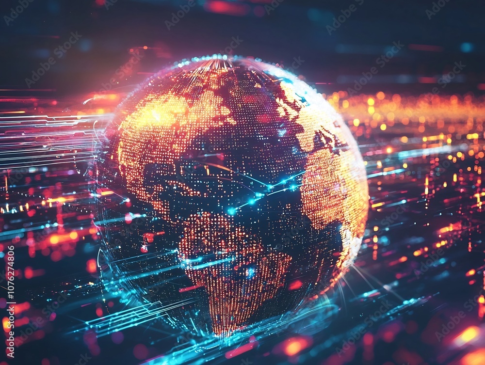 Holographic Globe Surrounded by Glowing Data Streams Symbolizing Global Digital Connectivity and Communication Technology Holographic Globe Surrounded by Glowing Data Streams Symbolizing Global Digital Connectivity and Communication Technology