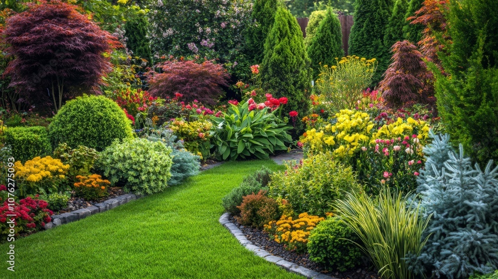 Fototapeta premium Lush Garden with Varied Foliage and Blooming Flowers
