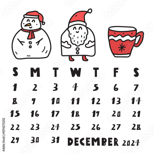 December 2024. Calendar. Cute design. Hand drawn illustration on white background.