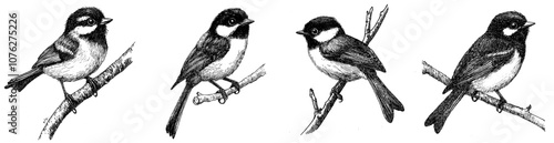 Illustration of a tit bird in black and white monochrome with water and ink
