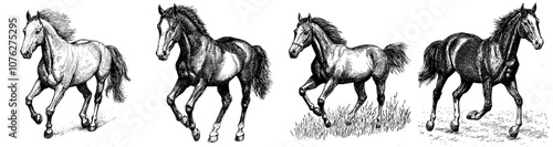 The modern illustration of a horse is in black and white linear paint