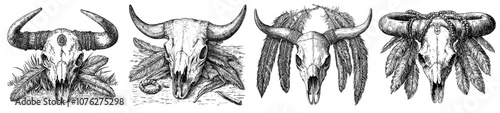 Stylish Aztec tribal buffalo skull t-shirt print with feathers. Dead animal cow totem with feathers illustration.