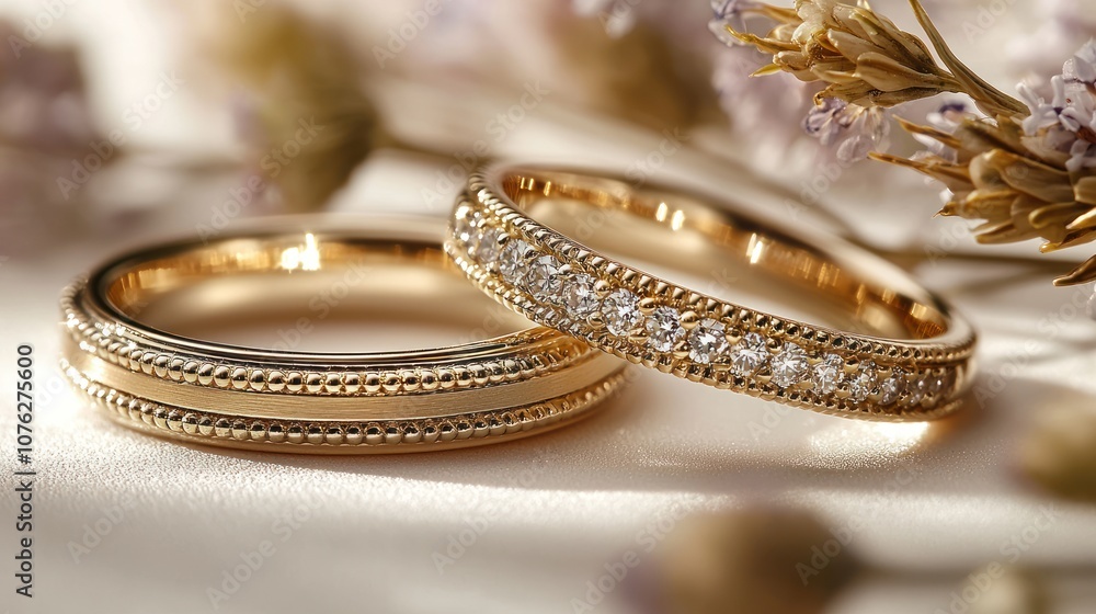 Two Gold Wedding Bands with One Diamond-Encrusted Band Two Gold Wedding Bands with One Diamond-Encrusted Band
