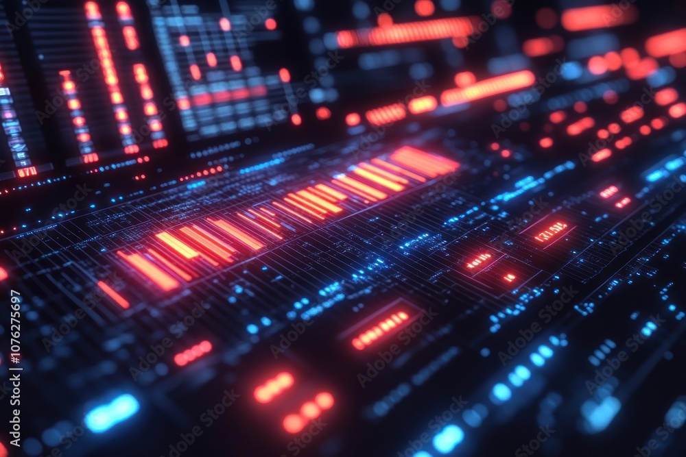 Closeup of an illuminated futuristic control panel with glowing red and blue bars. Closeup of an illuminated futuristic control panel with glowing red and blue bars.