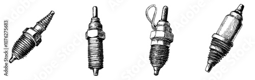 The spark plug of an engine is illustrated in monochrome on a white background photo