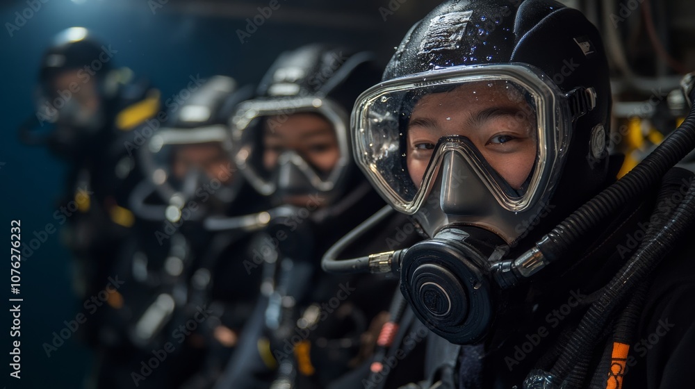 A group of people in full diving suits preparing for an underwater adventure, showcasing their excitement and readiness A group of people in full diving suits preparing for an underwater adventure, showcasing their excitement and readiness