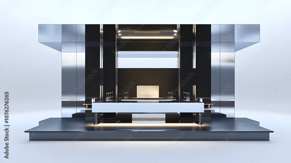 59. A sophisticated 3D display with mirrored surfaces and dramatic lighting, offering space for a product. 59. A sophisticated 3D display with mirrored surfaces and dramatic lighting, offering space for a product.