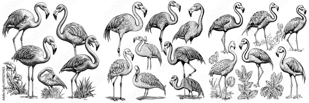 Obraz premium Pink flamingo cartoon set. Cute flamingo collection.