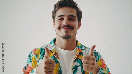 Happy young man with moustache winking and showing thumbs-up, recommending something, praise good thing, making compliment, standing on white background. photo