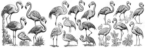 Pink flamingo cartoon set. Cute flamingo collection.