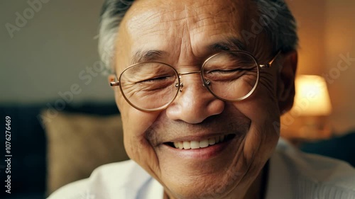 Wallpaper Mural Close-up video of an elderly asian man expressing contentment in a cozy living room, warm intimate lighting, static camera Torontodigital.ca