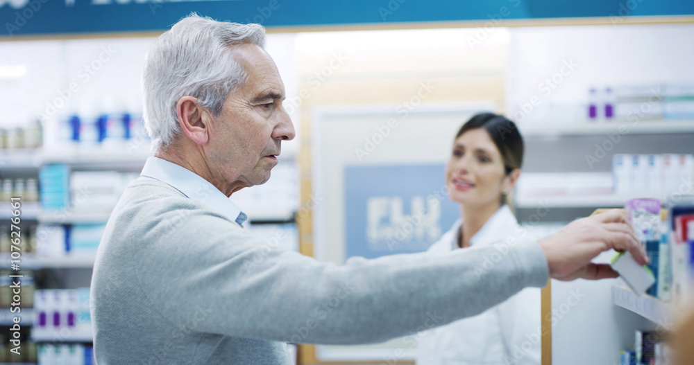 Senior man, box or shopping in pharmacy for medicine, decision or choice for supplement with assistant. Elderly customer, vitamins or pharmacist at shelf for pharmaceutical, product or expert opinion Senior man, box or shopping in pharmacy for medicine, decision or choice for supplement with assistant. Elderly customer, vitamins or pharmacist at shelf for pharmaceutical, product or expert opinion