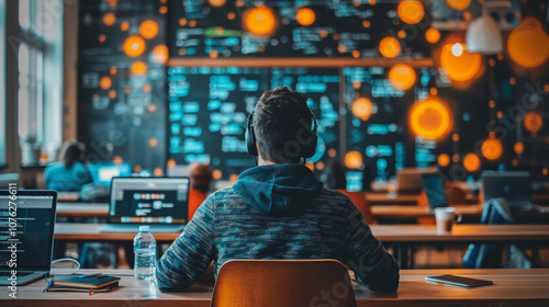 Focused Individual Working on Laptop in Creative Workspace