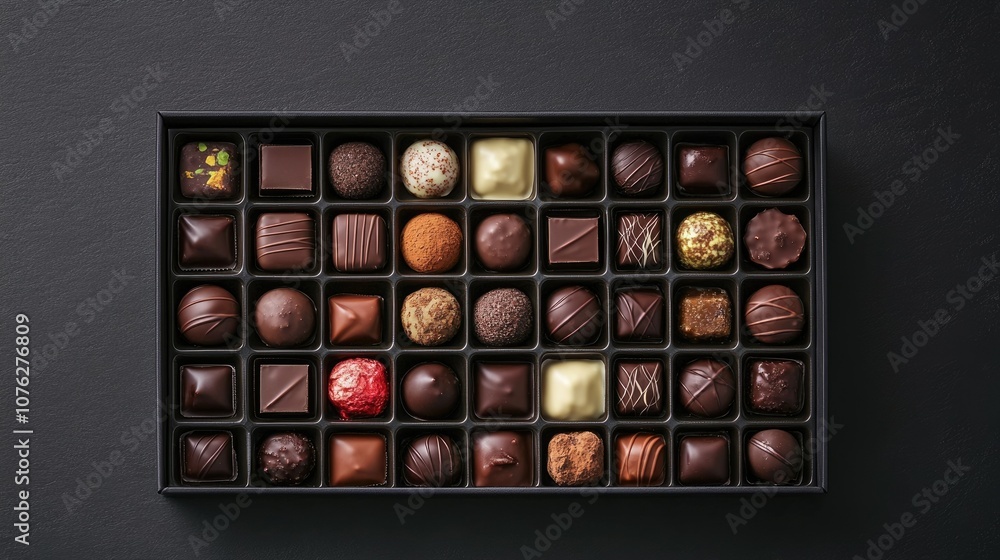 Assorted Gourmet Chocolate Collection in Elegant Black Box with Rich Textures and Varied Shapes Perfect for Gifting or Celebrating Special Occasions with Sweet Treats Assorted Gourmet Chocolate Collection in Elegant Black Box with Rich Textures and Varied Shapes Perfect for Gifting or Celebrating Special Occasions with Sweet Treats