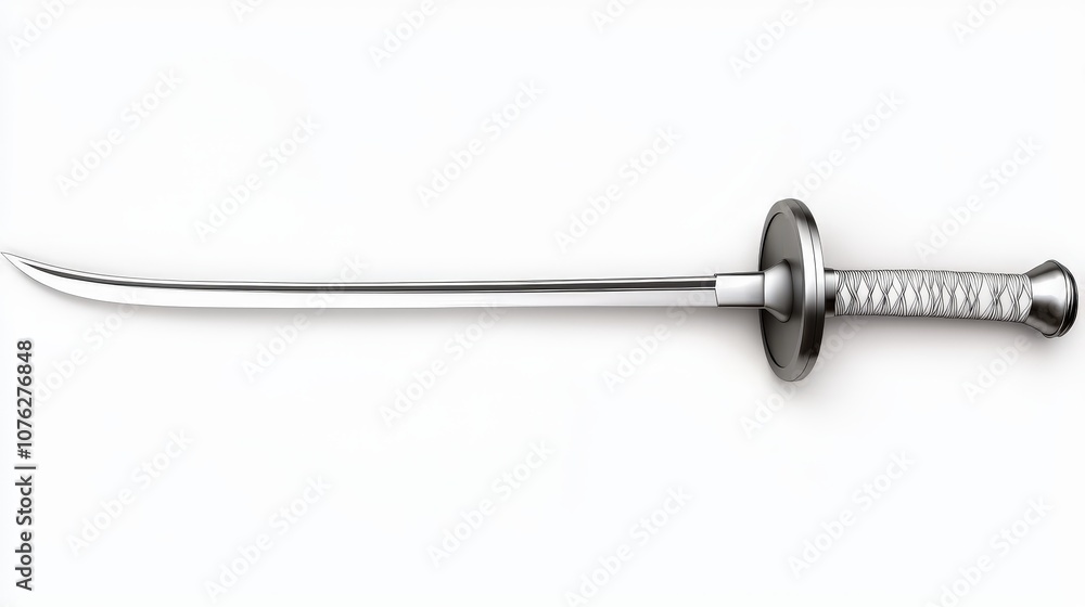 Silver Fencing Sword with Curved Guard on White Background Silver Fencing Sword with Curved Guard on White Background