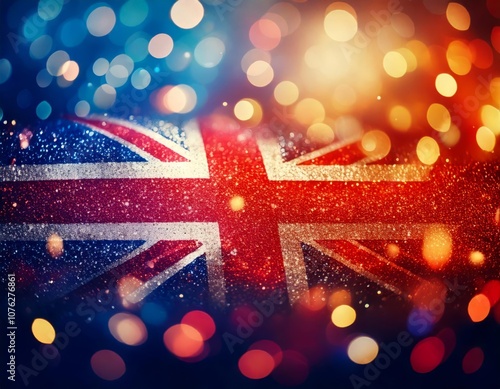 British Flag with Glitter and Lights: A dazzling, abstract interpretation of the Union Jack, adorned with shimmering glitter and a backdrop of vibrant, colorful lights.