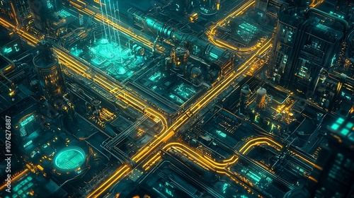 Futuristic Cityscape with Glowing Pipelines and AI Driven Resource Management