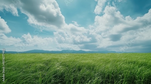 A grassy field stretching out toward distant mountains under a vast, cloudy sky.