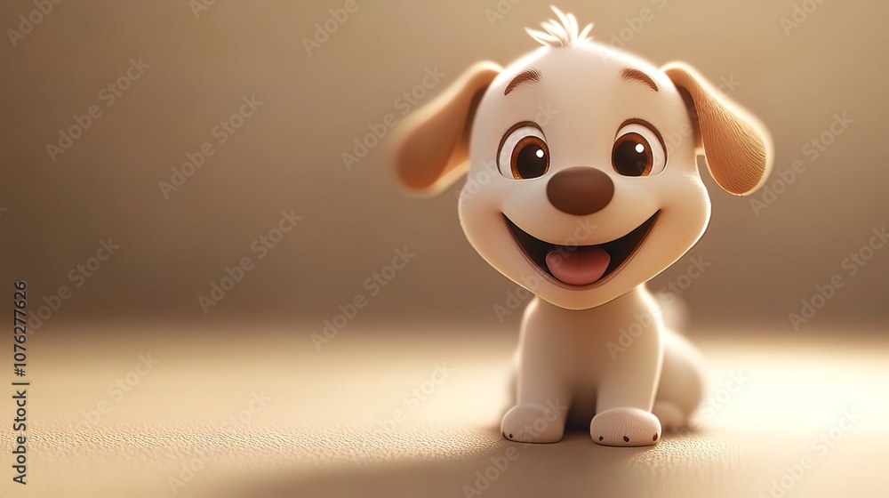 A cute cartoon puppy sits on a light brown surface, looking at the camera with a big smile. A cute cartoon puppy sits on a light brown surface, looking at the camera with a big smile.
