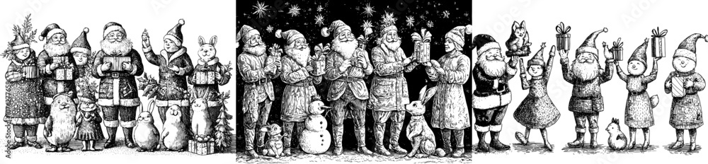 Characters of Christmas. Cartoon Santa, elves, holiday animals, snowman, kids. Winter christmas holiday set. Action illustrations of christmas, santa, and holiday animals. Characters of Christmas. Cartoon Santa, elves, holiday animals, snowman, kids. Winter christmas holiday set. Action illustrations of christmas, santa, and holiday animals.
