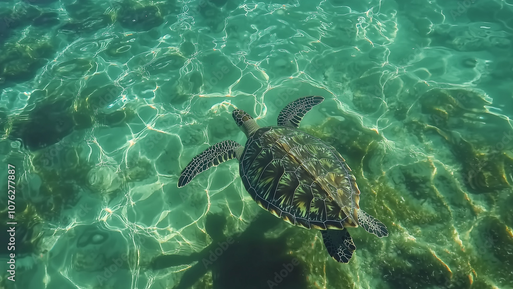 Obraz premium Transparent Elegance: Sea Turtle Gliding in Clear Water