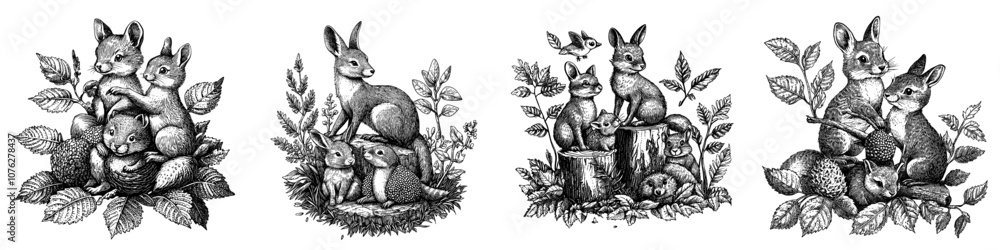 Fototapeta premium Animal forest illustrations of raccoon, elk, hare, woodpecker, hedgehog, marten, and fox. Illustration of animal forest, mice, raccoon, and hedgehog in modern hand drawn style.