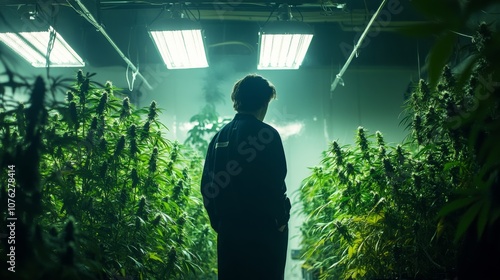 A person in a marijuana cultivation facility, tending to plants under specialized lighting, representing the industryâ€™s technical side photo