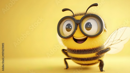 A cute, fuzzy bee wearing glasses smiles brightly against a yellow background.