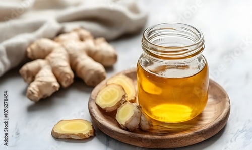 Fresh Ginger with Honey in Glass Jar, Generative AI 