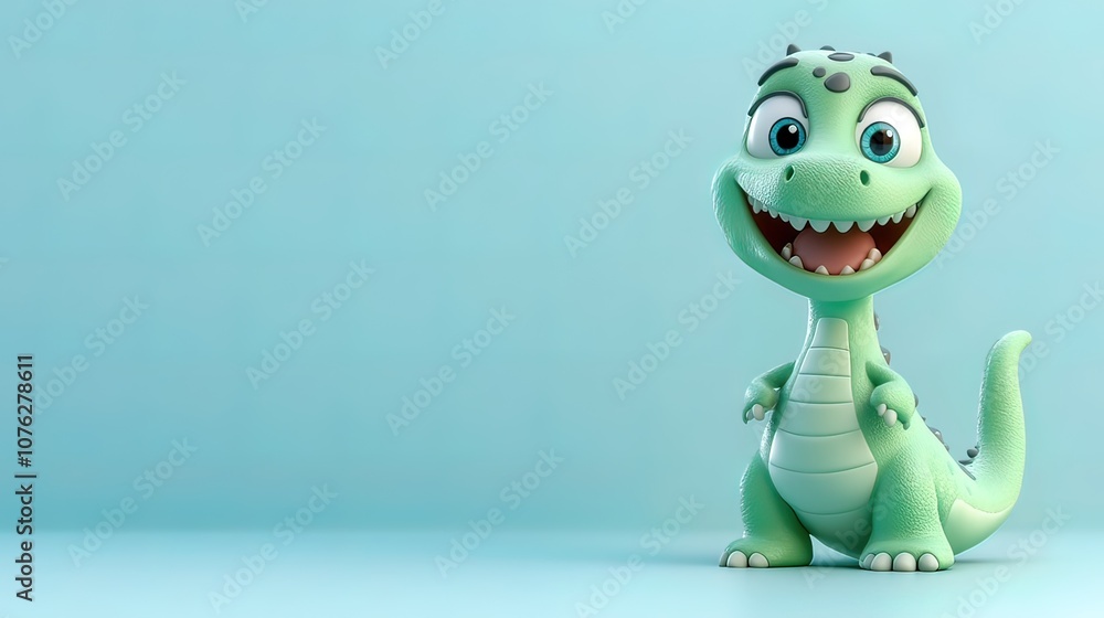 A cute green cartoon dinosaur stands on a blue background, smiling happily. A cute green cartoon dinosaur stands on a blue background, smiling happily.