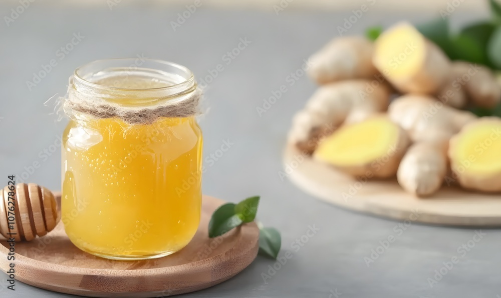 Fresh Ginger with Honey in Glass Jar, Generative AI Fresh Ginger with Honey in Glass Jar, Generative AI