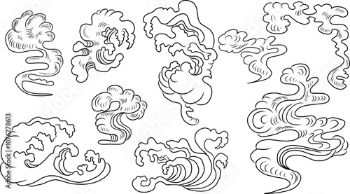 Hand drawn line for print.Chinese cloud vector for coloring book and printing on white background.Traditional Japanese culture element for tattoo design and idea.Cloud and wave illustration.Clip art.