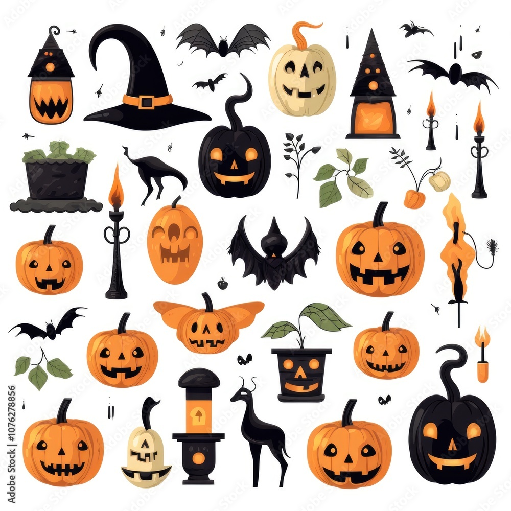 Halloween art inspired spooky pumpkins and bats with eerie witch hats Halloween art inspired spooky pumpkins and bats with eerie witch hats